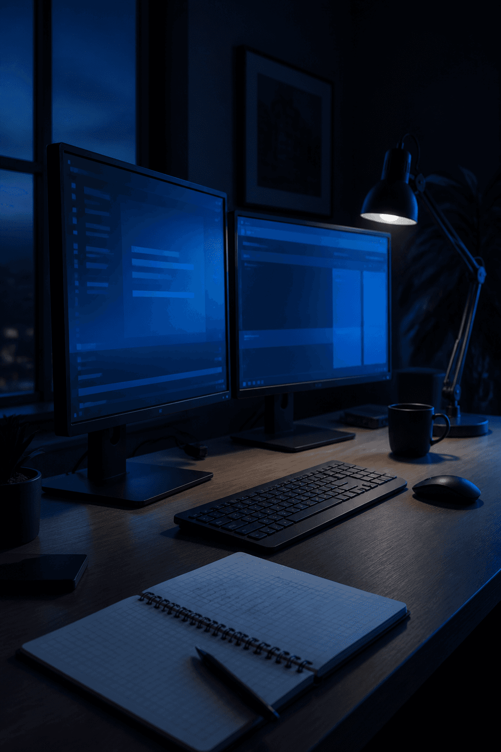 Werkplek met schermen in koel blauw licht
